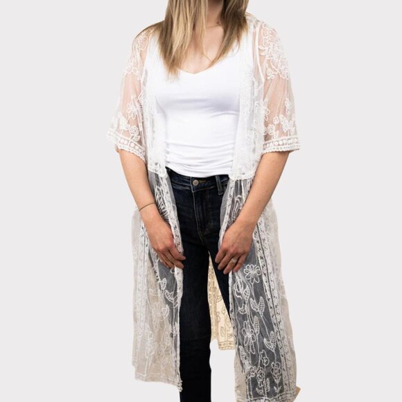 LIB Ivory Lace Duster Kimono Floral Embroidered One Size NWT - Picture 2 of 4
